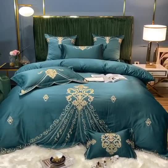 91家纺网 家纺一手货源 找家纺 宅家居60支贡缎真臻品丝B版纯棉刺绣卡瑞娜四件套实拍 卡瑞娜 -孔雀绿