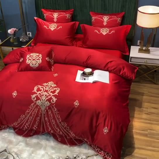 91家纺网 家纺一手货源 找家纺 宅家居60支贡缎真臻品丝B版纯棉刺绣卡瑞娜四件套实拍 卡瑞娜 -玫瑰红