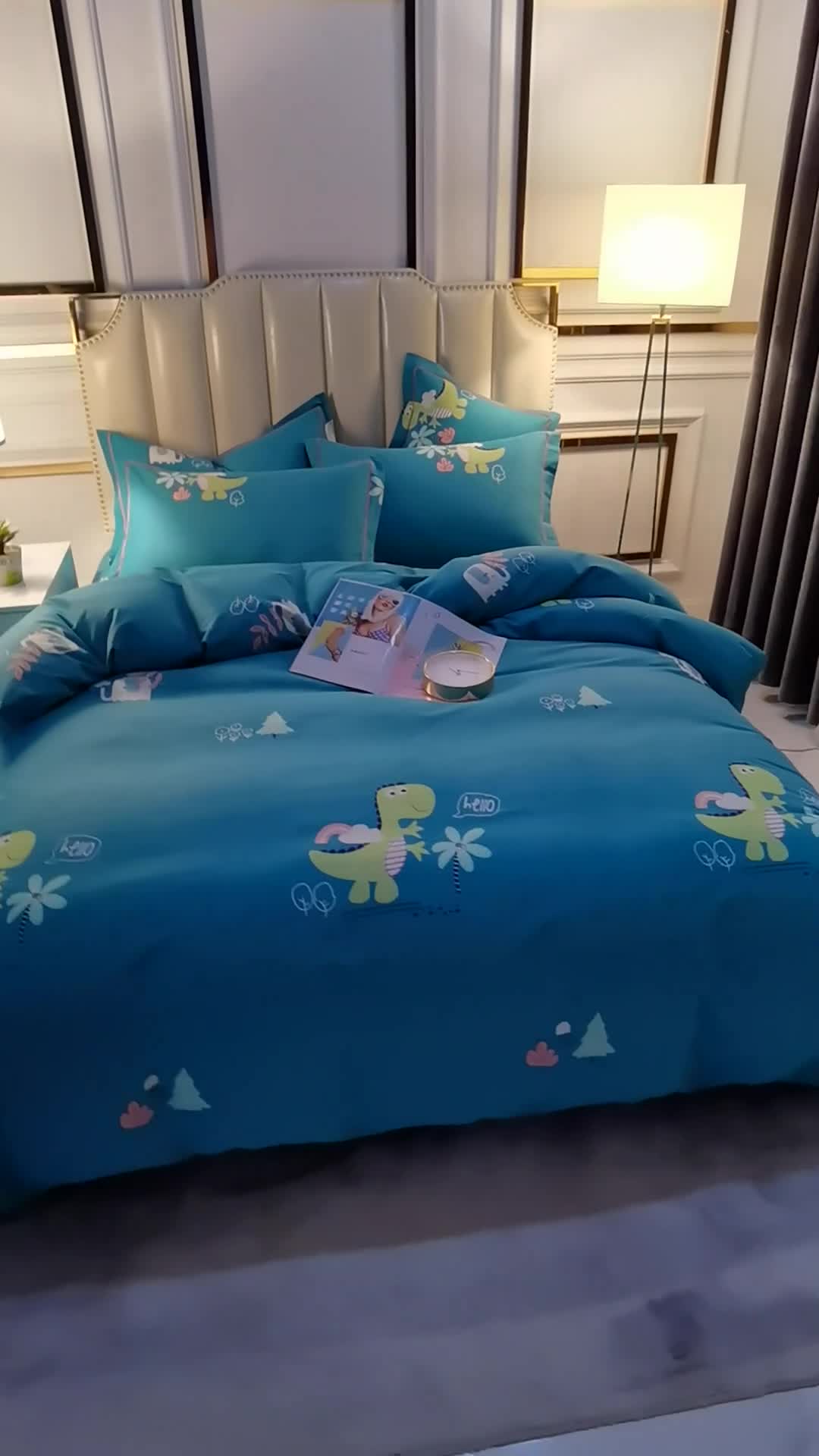 91家纺网 家纺一手货源 找家纺 雲归梦 2020新款全棉加厚磨毛四件套 恐龙乐园-蓝