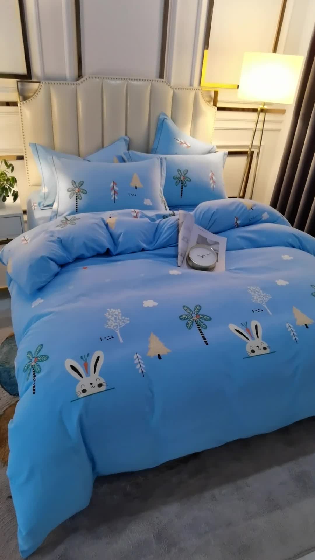 91家纺网 家纺一手货源 找家纺 雲归梦 2020新款全棉加厚磨毛四件套 萌萌兔-蓝