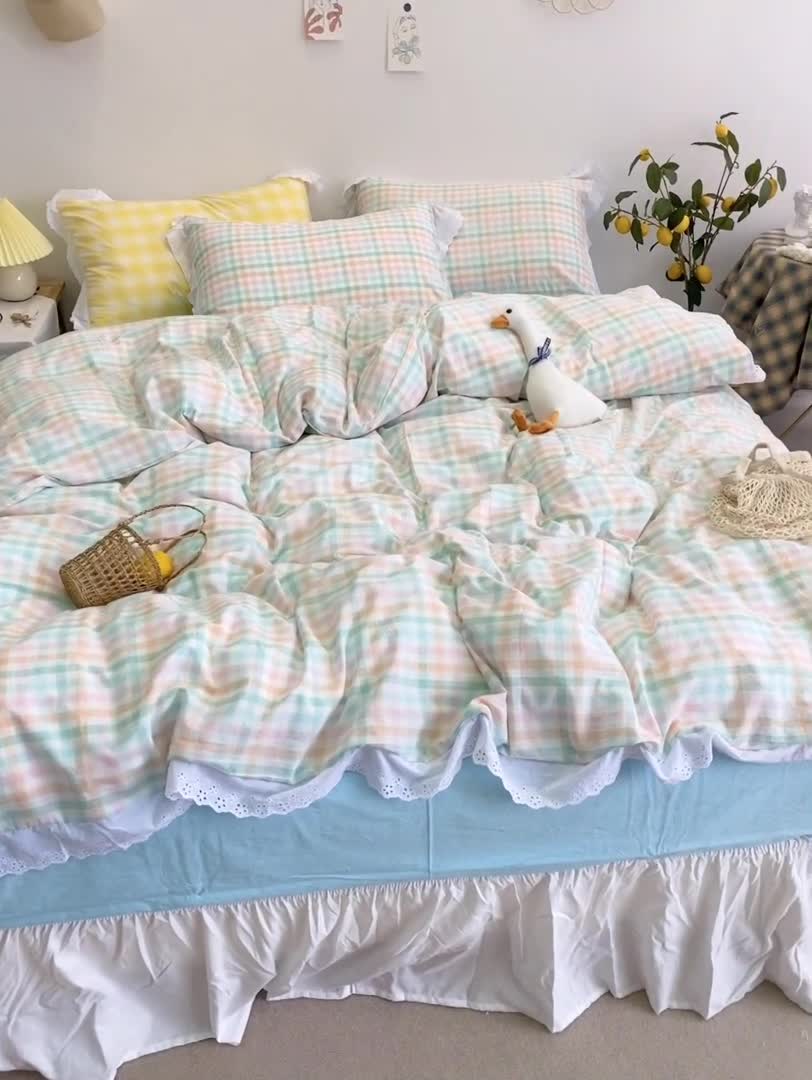 91家纺网 家纺一手货源 找家纺 玛奇朵 2020新款蕾丝色织水洗棉四件套 冰淇淋格