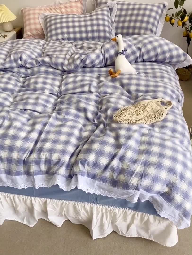 91家纺网 家纺一手货源 找家纺 玛奇朵 2020新款蕾丝色织水洗棉四件套 暖阳.蓝