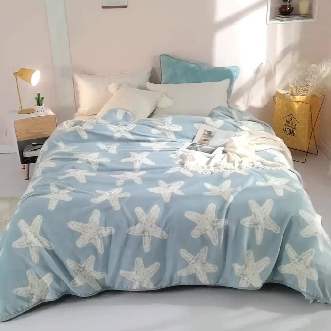 91家纺网 家纺一手货源 找家纺 来菲2025新款印花法兰绒法莱绒毛毯加厚多功能保暖盖毯子海星