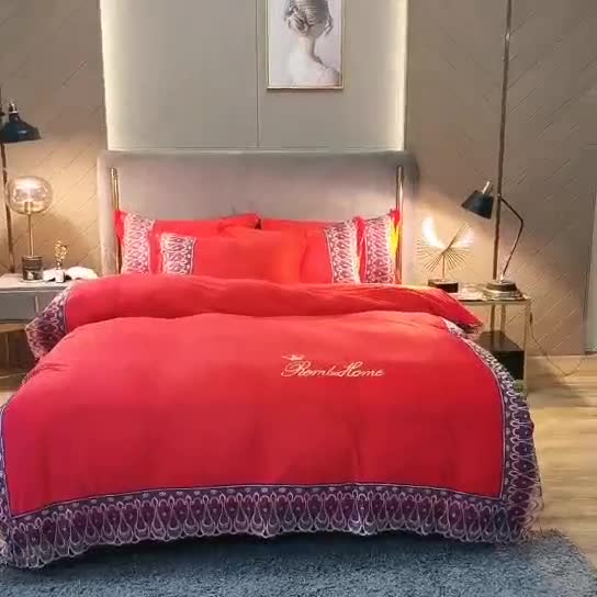 91家纺网 家纺一手货源 找家纺 金米诺爆款公主风工艺款纯色加厚水晶绒绣花四件套赫拉之恋-大红