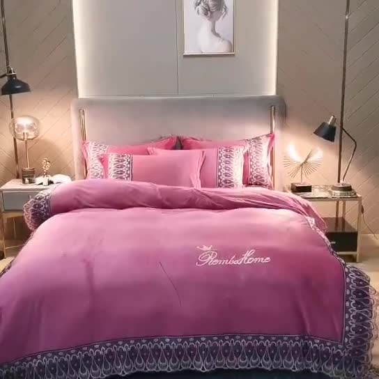 91家纺网 家纺一手货源 找家纺 金米诺爆款公主风工艺款纯色加厚水晶绒绣花四件套赫拉之恋-豆沙