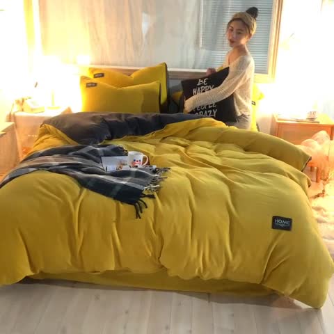 91家纺网 家纺一手货源 找家纺 唐人居 2025新款牛奶绒双拼贴布绣四件套 格调-姜黄