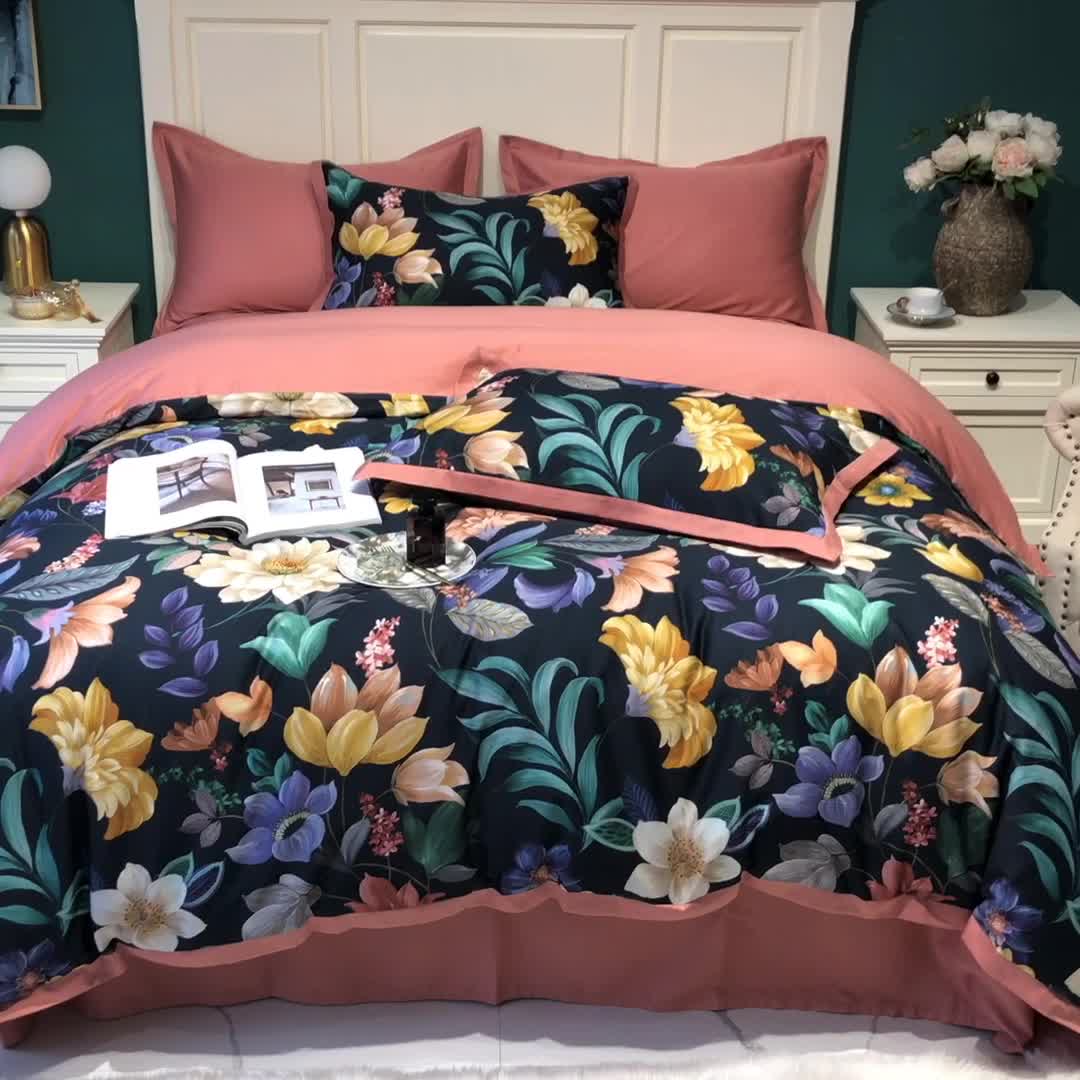 91家纺网 家纺一手货源 找家纺 太古汇 2020新款60支数码印花小边款四件套奥戴尔-藏青