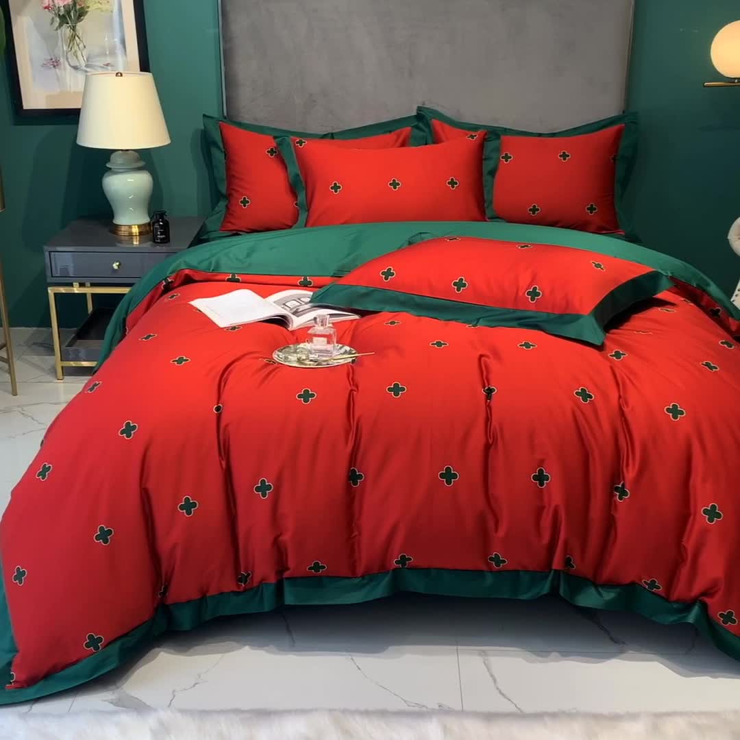 91家纺网 家纺一手货源 找家纺 太古汇 2020新款60支数码印花小边款四件套查尔斯红