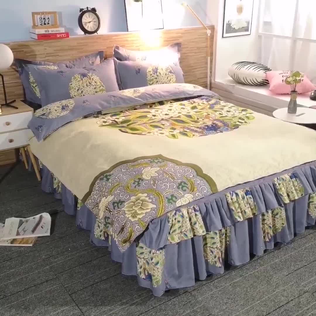 91家纺网 家纺一手货源 找家纺 梦柏 2020新款加厚磨毛四件套大版 花间意（灰）