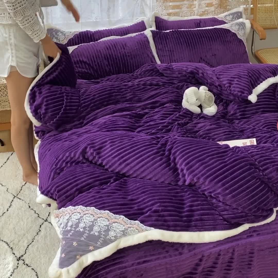 91家纺网 家纺一手货源 找家纺 欧冠 2020双面魔法绒兔兔绒蕾丝花边四件套 高贵紫