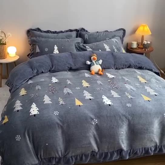 91家纺网 家纺一手货源 找家纺 妖妖家纺 2020新款花边牛奶绒四件套 北岛-灰