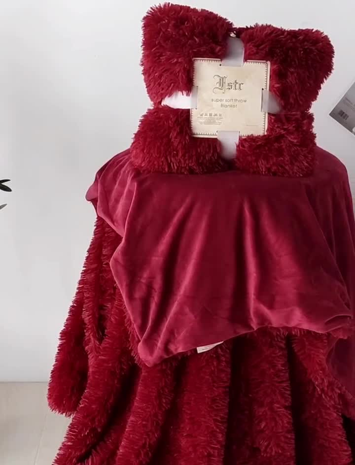 91家纺网 家纺一手货源 找家纺 品尚嘉 2025水貂绒毛毯长毛绒法莱绒双层跨境外贸毯子 酒红