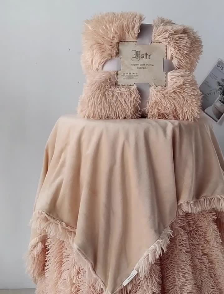 91家纺网 家纺一手货源 找家纺 品尚嘉 2025水貂绒毛毯长毛绒法莱绒双层跨境外贸毯子奶茶米