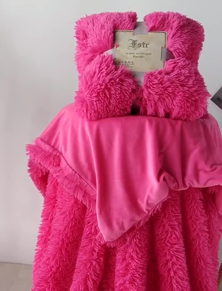 91家纺网 家纺一手货源 找家纺 品尚嘉 2025水貂绒毛毯长毛绒法莱绒双层跨境外贸毯子 玫红