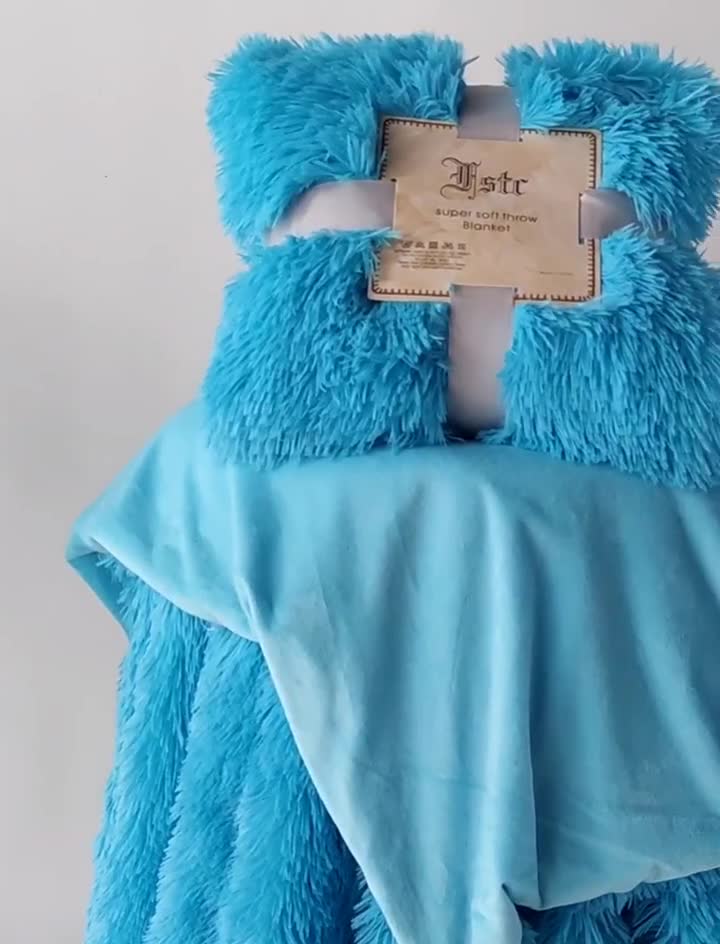 91家纺网 家纺一手货源 找家纺 品尚嘉 2025水貂绒毛毯长毛绒法莱绒双层跨境外贸毯子 蓝色