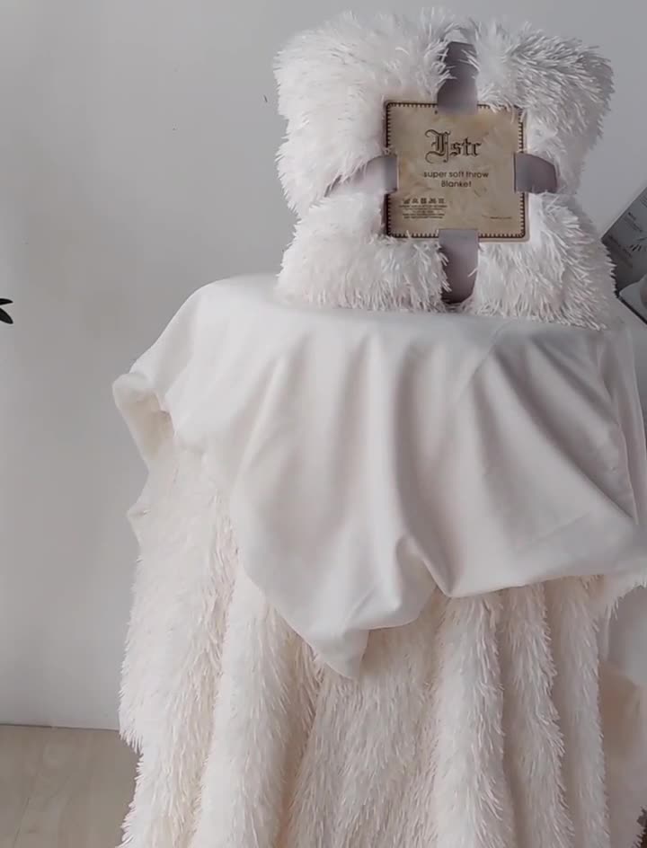 91家纺网 家纺一手货源 找家纺 品尚嘉 2025水貂绒毛毯长毛绒法莱绒双层跨境外贸毯子 米白