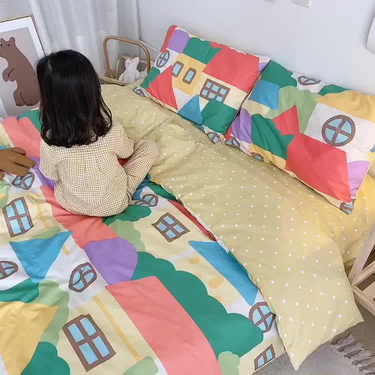 91家纺网 家纺一手货源 找家纺 星期八 2020新款全棉13070开学四件套 彩绘小屋