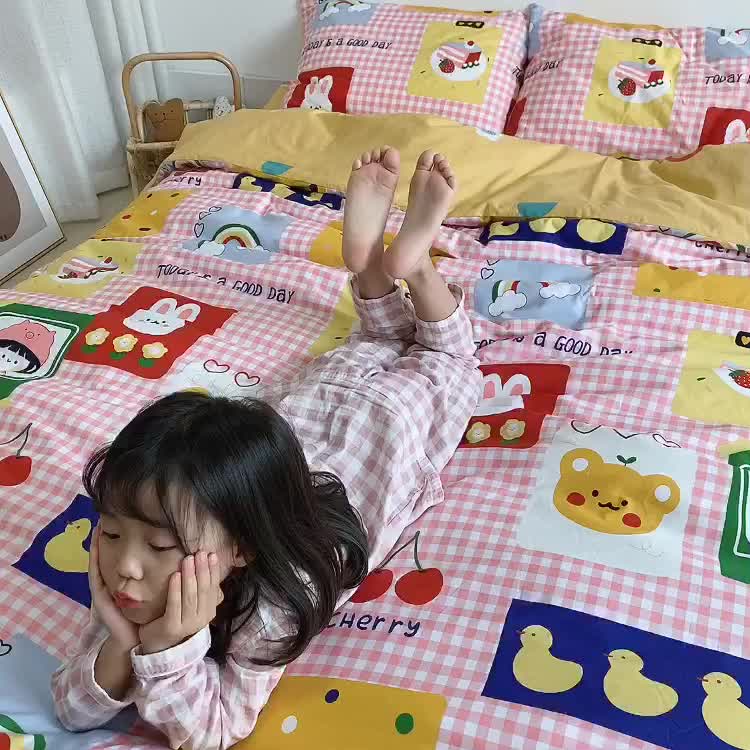 91家纺网 家纺一手货源 找家纺 星期八 2020新款全棉13070开学四件套 粉格女孩