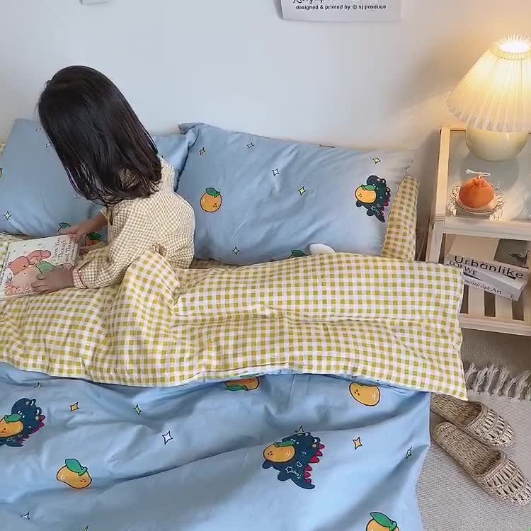 91家纺网 家纺一手货源 找家纺 星期八 2020新款全棉13070开学四件套 恐龙橘子