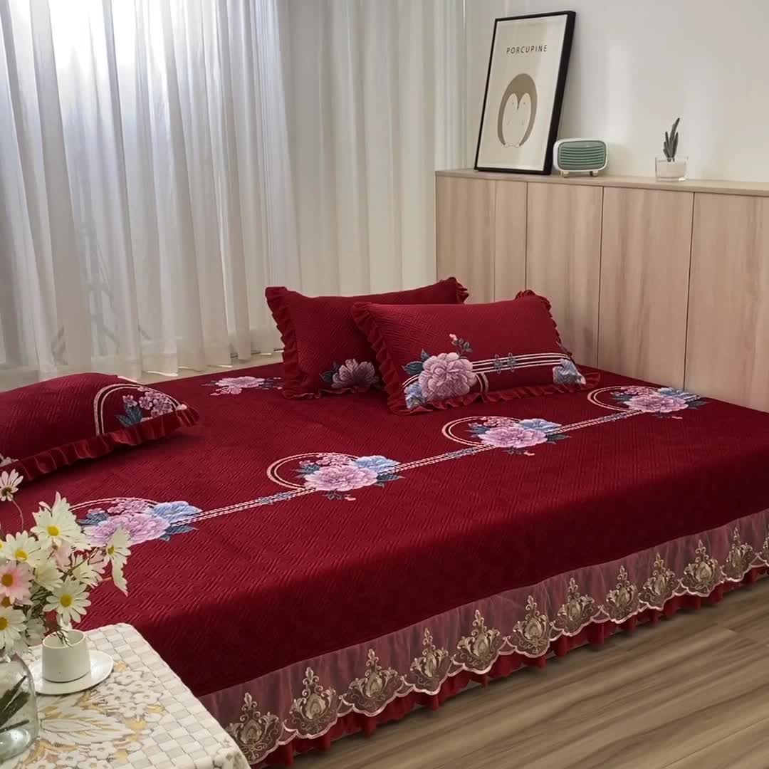 91家纺网 家纺一手货源 找家纺 冬然 2020升级款榻榻米水晶绒床盖炕盖 花好月圆-大红