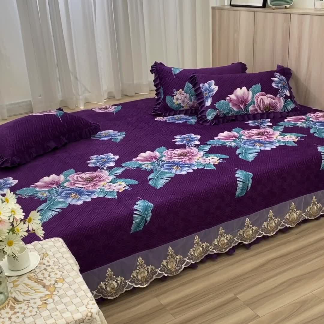 91家纺网 家纺一手货源 找家纺 冬然 2020升级款榻榻米水晶绒床盖炕盖 花开盛世-紫
