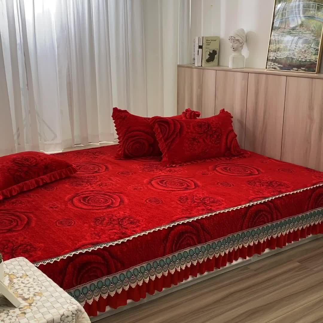 91家纺网 家纺一手货源 找家纺 冬然 2022新款牛奶绒榻榻米床盖炕盖 一生有你绿色