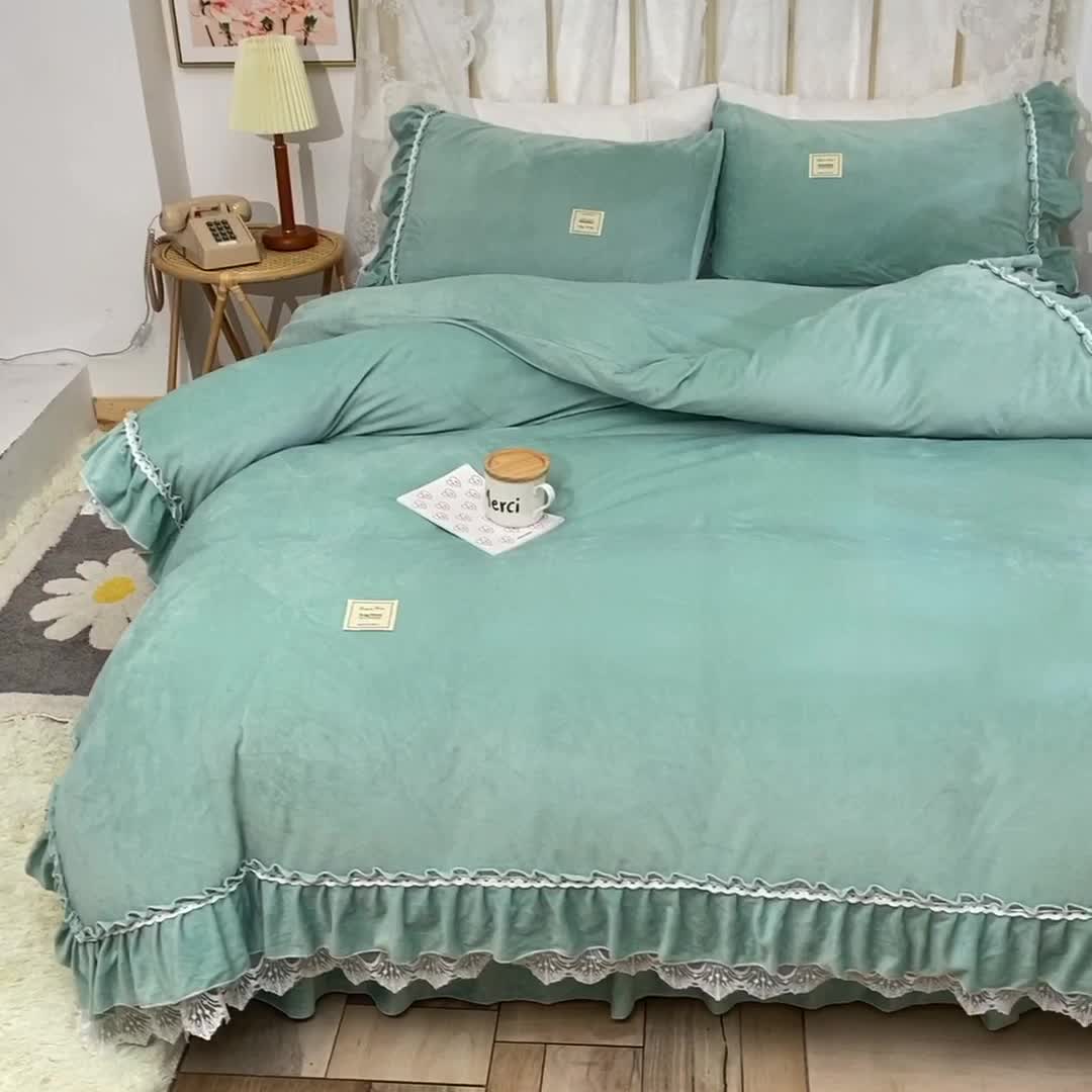 91家纺网 家纺一手货源 找家纺 艾米家居 2020新款缇娜水晶绒四件套 豆绿