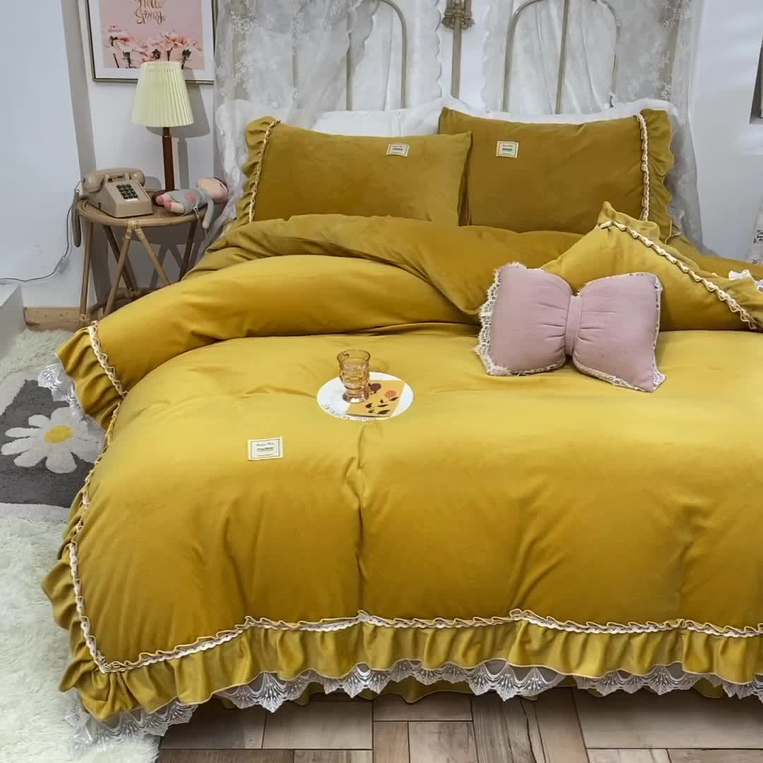 91家纺网 家纺一手货源 找家纺 艾米家居 2020新款缇娜水晶绒四件套 黄