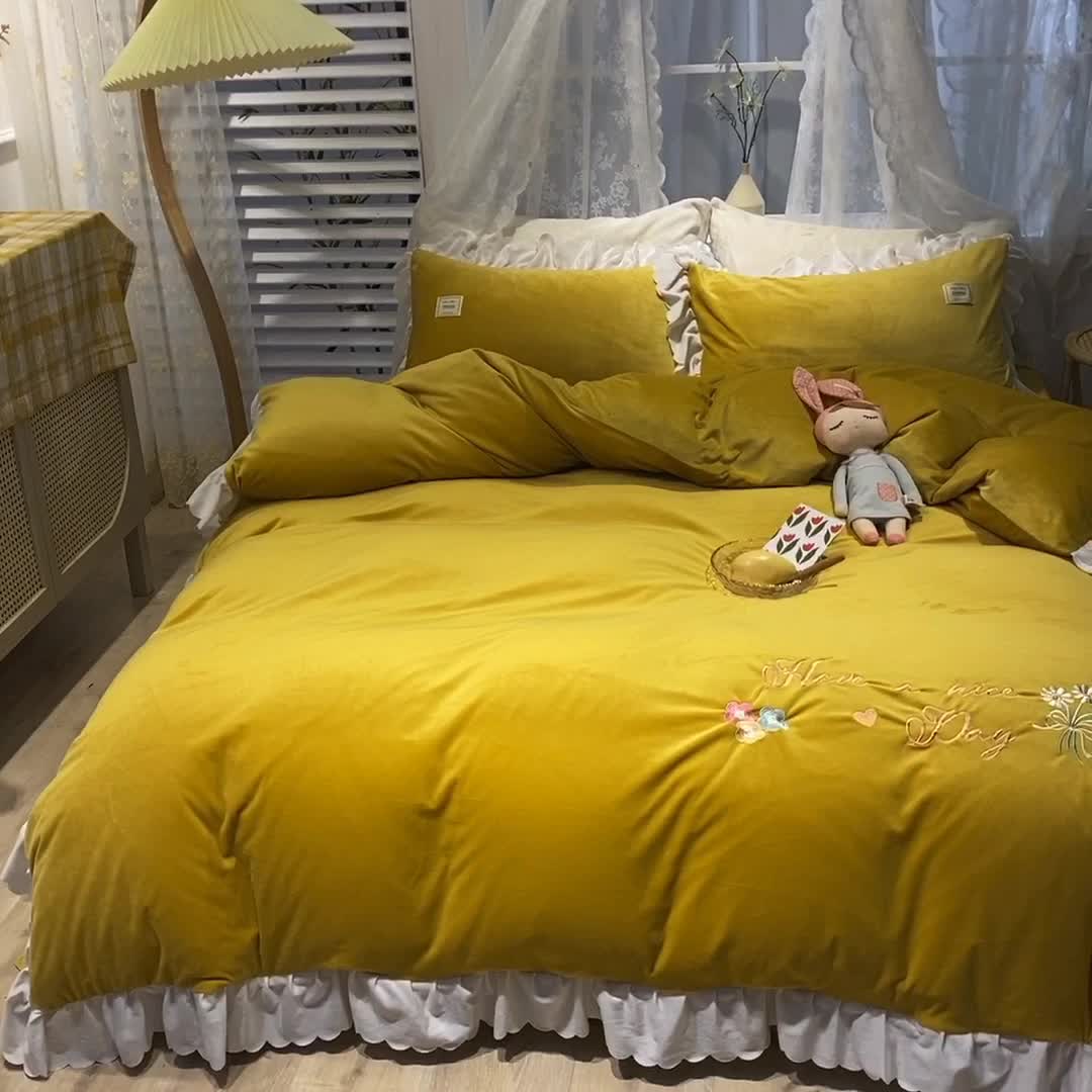 91家纺网 家纺一手货源 找家纺 艾米家居 2020新款水晶绒四件套美妙时光 黄
