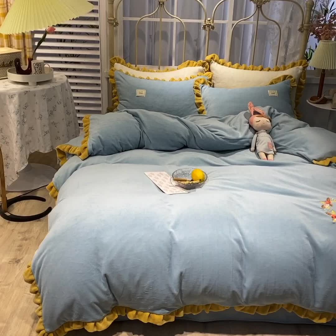 91家纺网 家纺一手货源 找家纺 艾米家居 2020新款牛奶绒四件套花语系列 豆绿