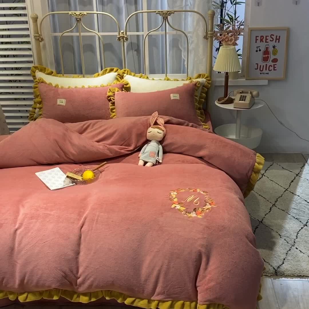 91家纺网 家纺一手货源 找家纺 艾米家居 2020新款牛奶绒四件套花语系列 豆沙