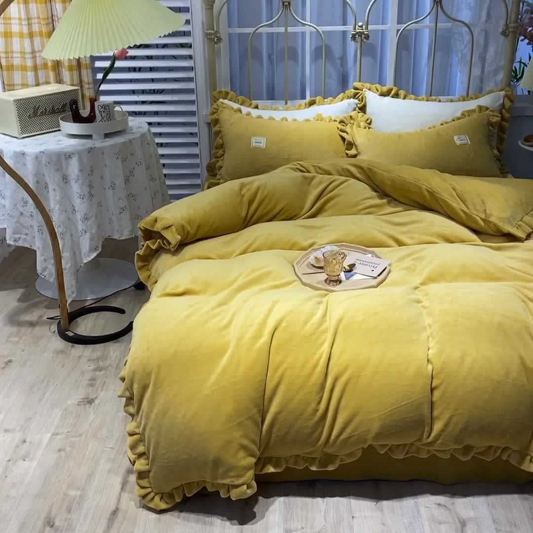 91家纺网 家纺一手货源 找家纺 艾米家居 2020新款牛奶绒四件套花语系列 黄色
