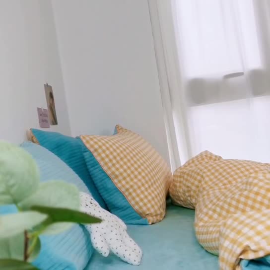 91家纺网 家纺一手货源 找家纺 淑女公社 2020新款棉加绒晚安宝贝四件套 黄白格加蓝色绒