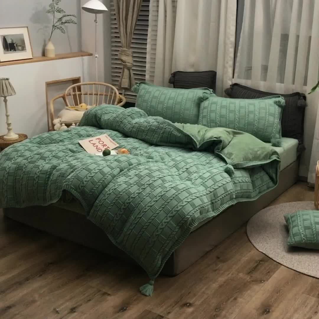 91家纺网 家纺一手货源 找家纺 淑女公社 2020秋冬新款针织毛线四件套 绿色