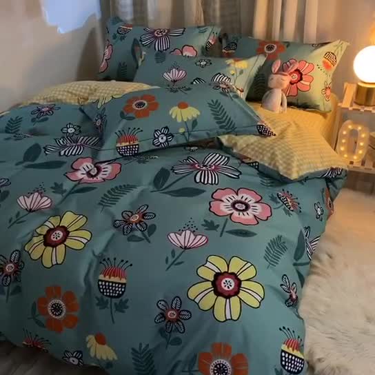 91家纺网 家纺一手货源 找家纺 雲归梦 2020新款小清新全棉生态磨毛四件套 梵高之花-绿