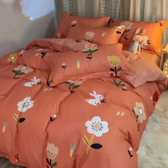 91家纺网 家纺一手货源 找家纺 雲归梦 2020新款小清新全棉生态磨毛四件套 田园兔-桔