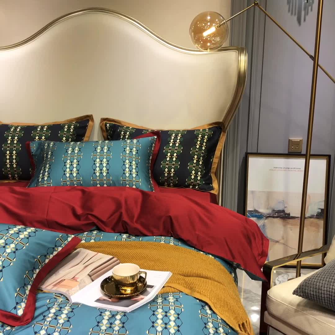 91家纺网 家纺一手货源 找家纺 优然居 2020新款小边款数码印花四件套 嘉里比蓝