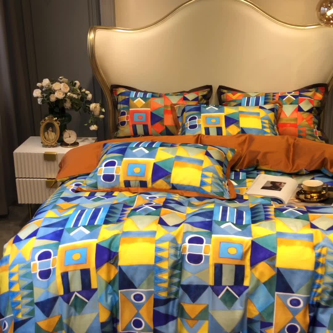 91家纺网 家纺一手货源 找家纺 优然居 2020新款小边款数码印花四件套 科姆黄