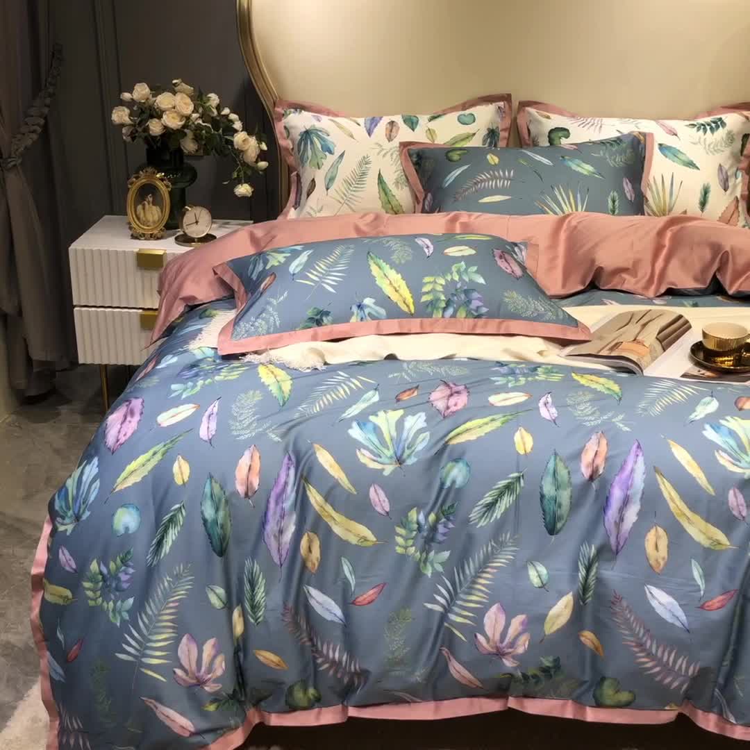 91家纺网 家纺一手货源 找家纺 优然居 2020新款小边款数码印花四件套 纽曼蓝灰