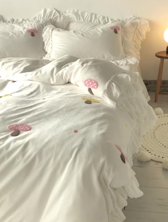 91家纺网 家纺一手货源 找家纺 淑女公社 2020新款秋冬毛巾绣13色四件套 小蘑菇白色