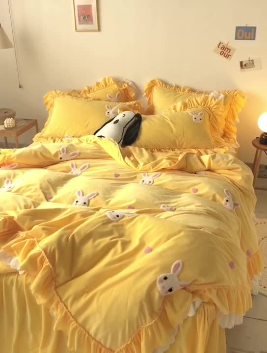 91家纺网 家纺一手货源 找家纺 淑女公社 2020新款秋冬毛巾绣13色四件套 小兔子嫩黄