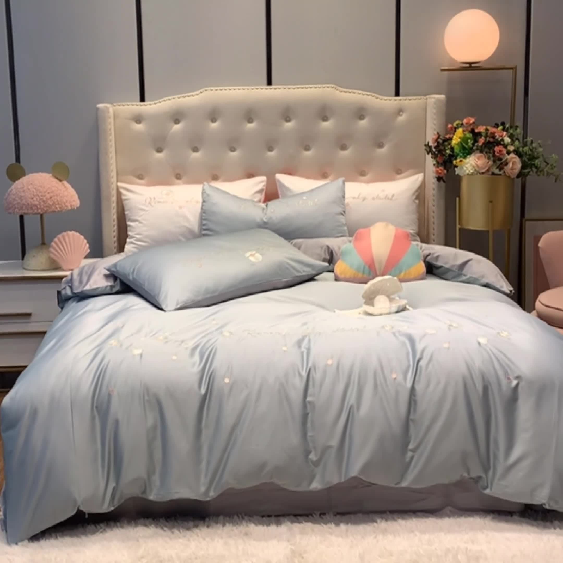 91家纺网 家纺一手货源 找家纺 眠帛家居 2020新款贡缎全棉绣花系列 贝壳浅灰