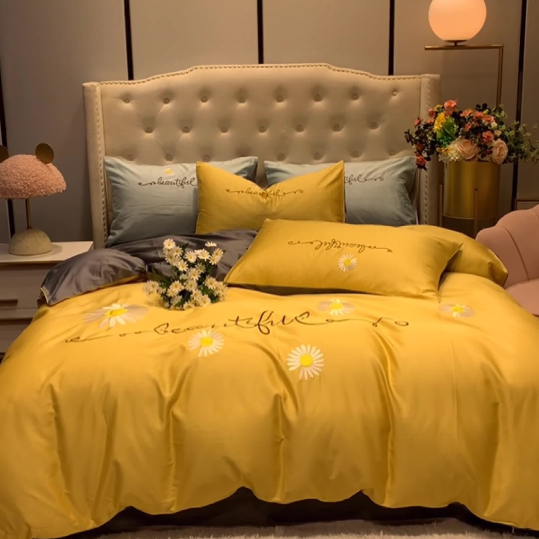 91家纺网 家纺一手货源 找家纺 眠帛家居 2020新款贡缎全棉绣花系列 雏菊姜黄