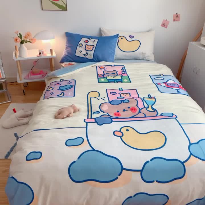 91家纺网 家纺一手货源 找家纺 星期八 2020原创设计师款牛奶绒四件套 小熊泡泡浴