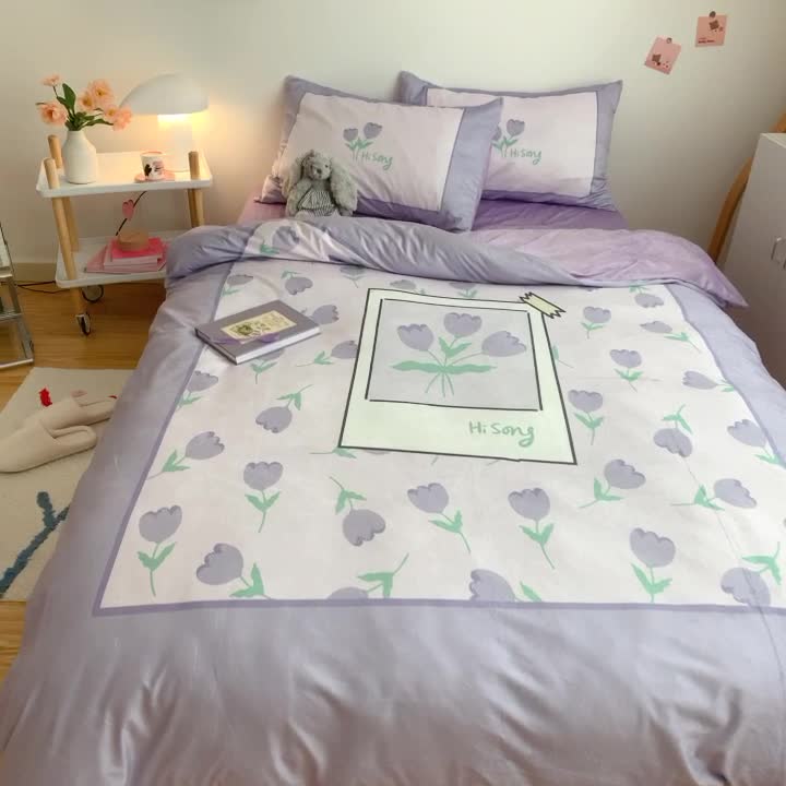 91家纺网 家纺一手货源 找家纺 星期八 2020原创设计师款牛奶绒四件套 紫色郁金香