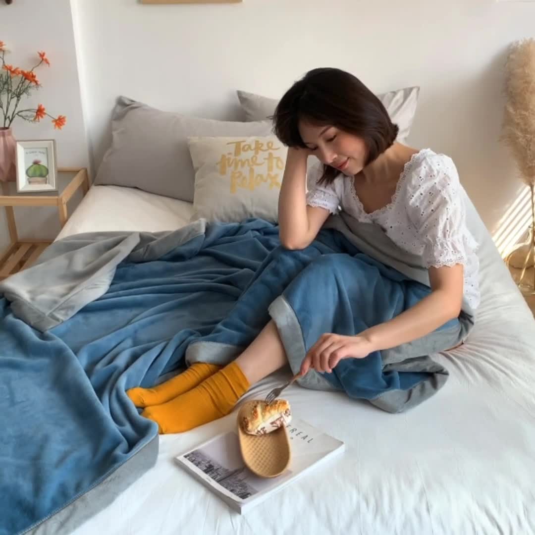 91家纺网 家纺一手货源 找家纺 法芙娜家纺  新品 AB复合毯 牛奶绒加厚毛毯 蓝灰