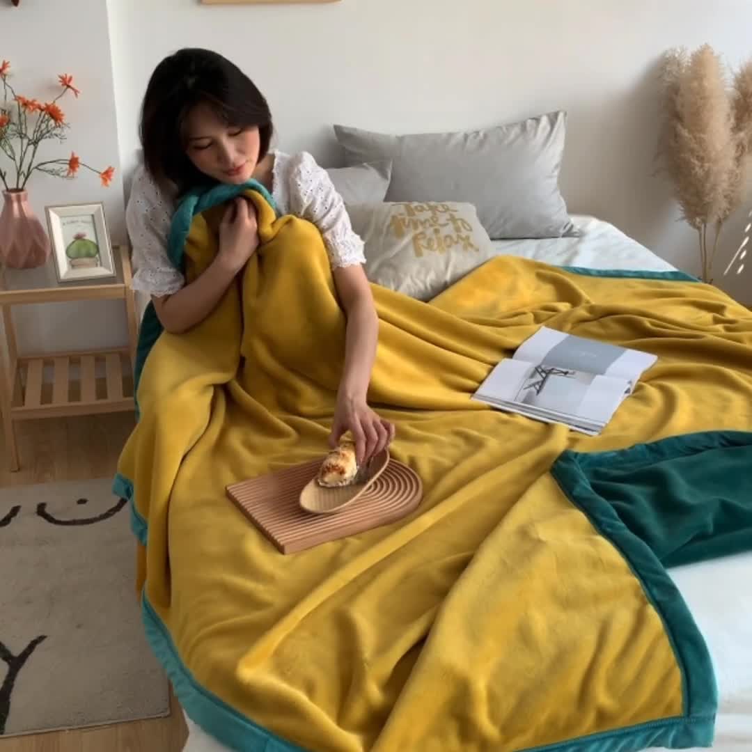 91家纺网 家纺一手货源 找家纺 法芙娜家纺  新品 AB复合毯 牛奶绒加厚毛毯 黄绿