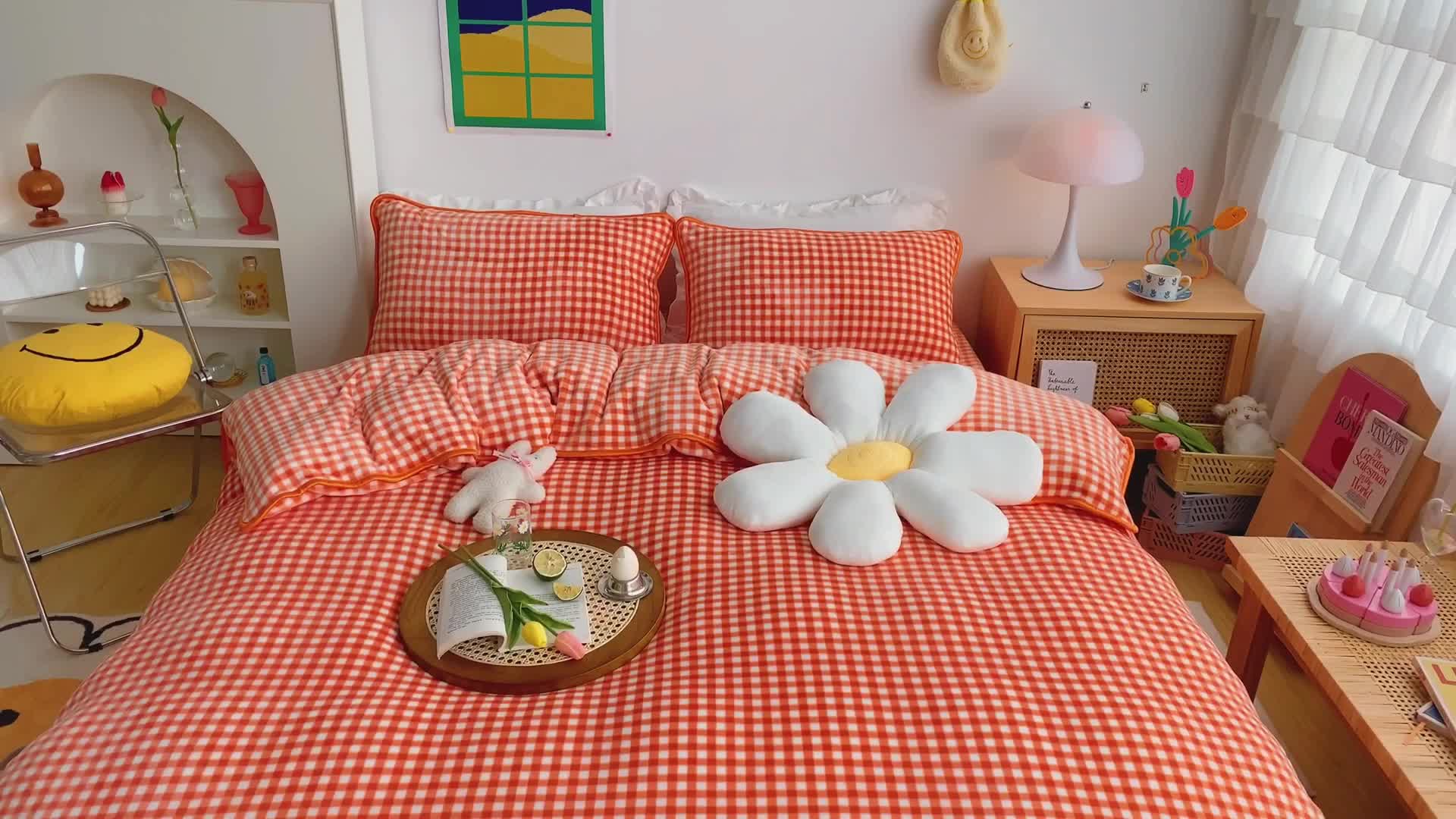 91家纺网 家纺一手货源 找家纺 顾里 2020新款韩国ins高端保暖牛奶绒套件 橘格