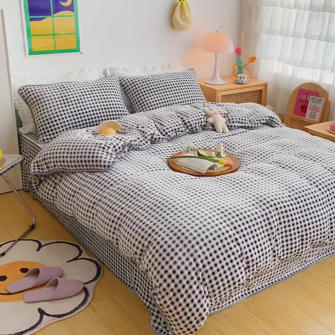 91家纺网 家纺一手货源 找家纺 顾里 2020新款韩国ins高端保暖牛奶绒套件 黑格