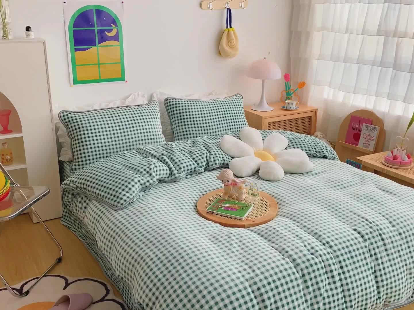 91家纺网 家纺一手货源 找家纺 顾里 2020新款韩国ins高端保暖牛奶绒套件 绿格